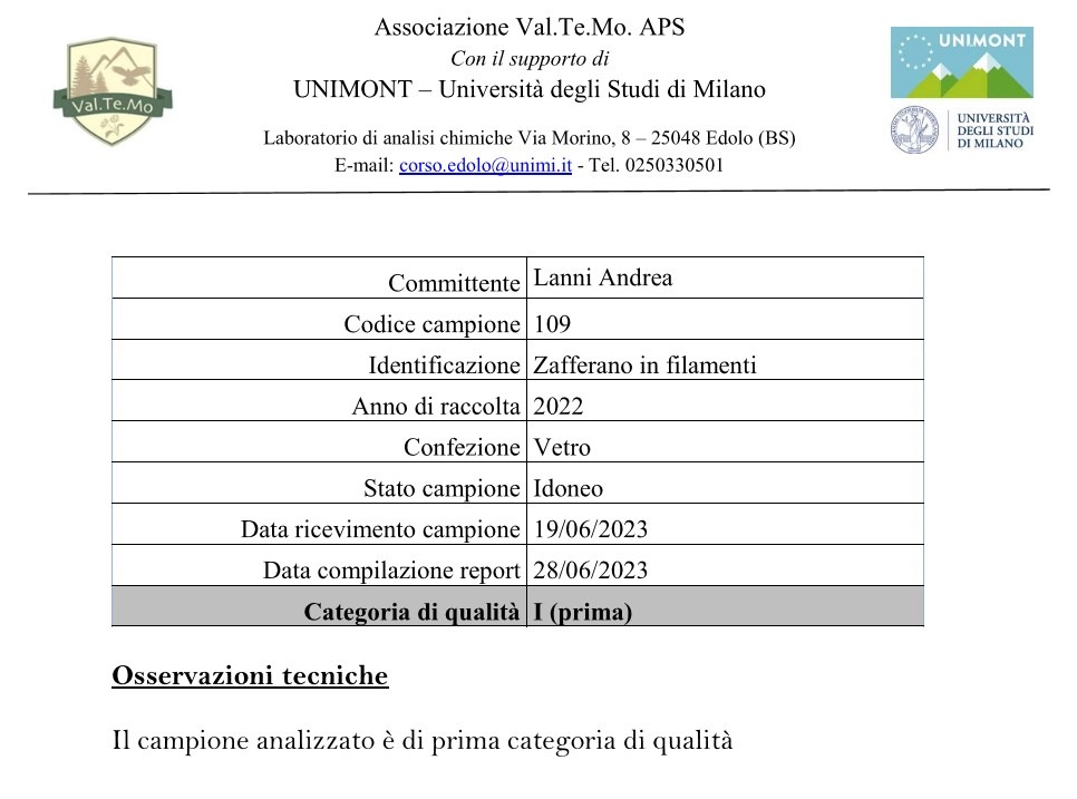 Analisi ISO 3632 su campione di zafferano DEMETRA anno 2022 eseguita dall'universita delgi studi di Milano